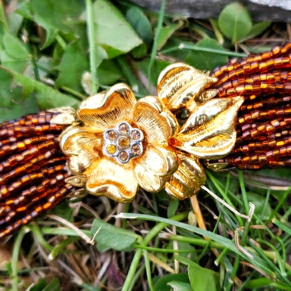 Vtg Amber Glass Bead Flower RS Torsade Necklace - Picture 6 of 8